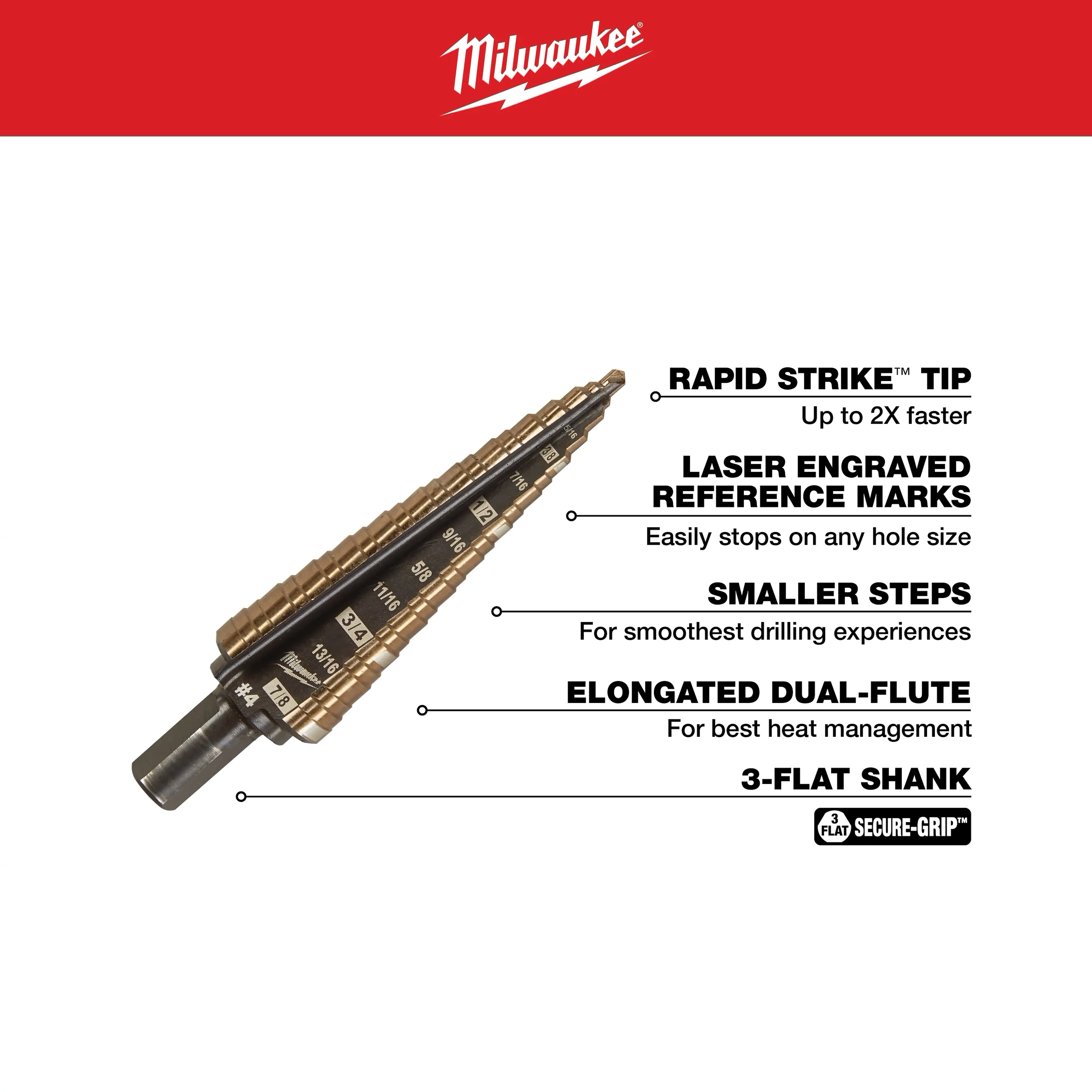 Milwaukee 3 Piece Cobalt Step Drill Bit Set ( #1  #4  #9) - Image 2