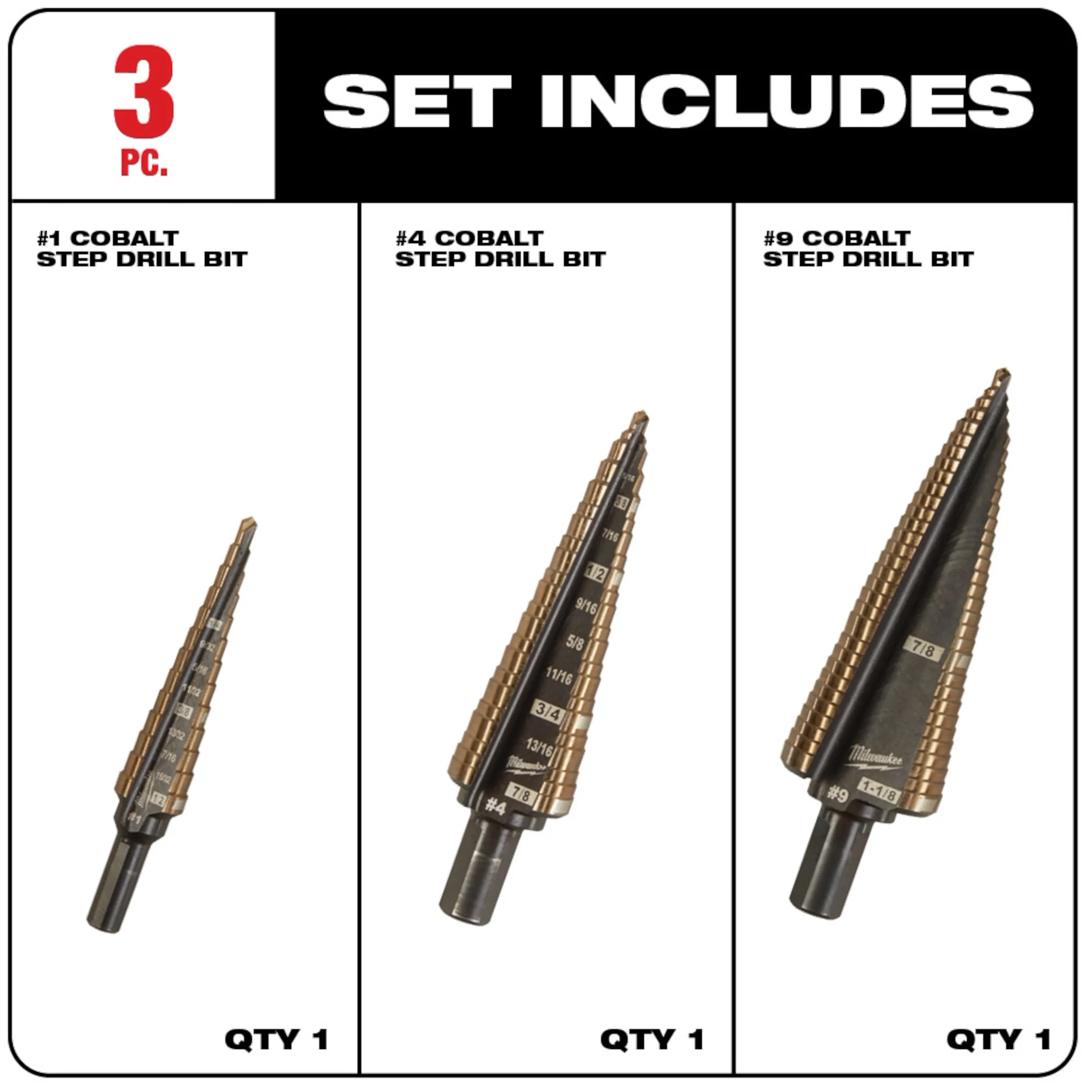 Milwaukee 3 Piece Cobalt Step Drill Bit Set ( #1  #4  #9) - Image 3