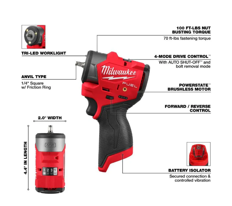 Milwaukee M12 FUEL 1/4 Inch Subcompact Impact Wrench with Friction Ring (Bare Tool) - Image 3
