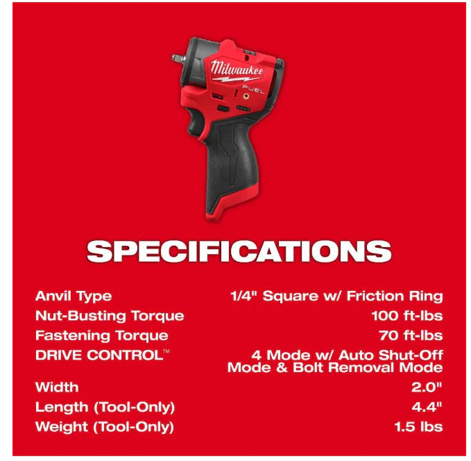 Milwaukee M12 FUEL 1/4 Inch Subcompact Impact Wrench with Friction Ring (Bare Tool) - Image 6