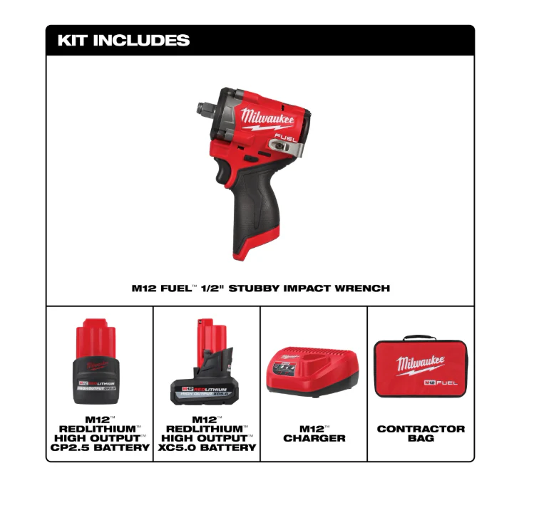 Milwaukee M12 Gen 2 1/2" Stubby Impact Kit with Free Tire Inflator - Image 3