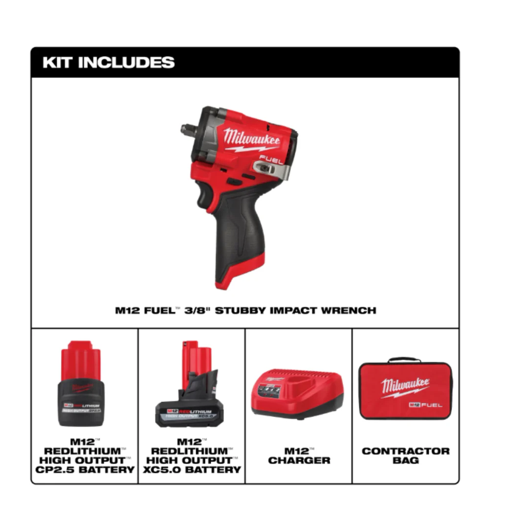 Milwaukee M12 Gen 2 3/8" Stubby Impact Kit with Free Tire Inflator - Image 2