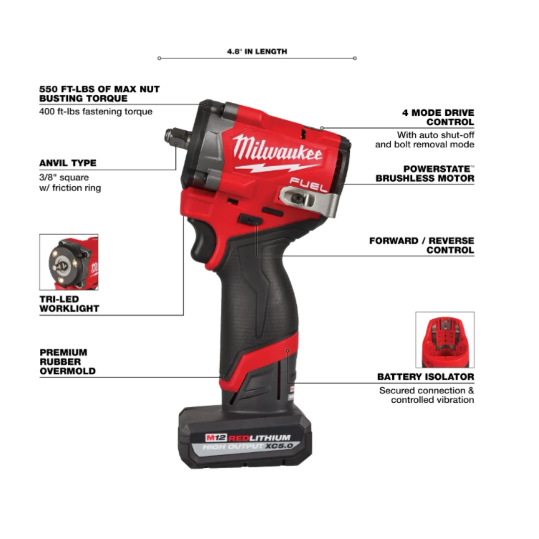 Milwaukee M12 Gen 2 3/8" Stubby Impact Kit with Free Tire Inflator - Image 3