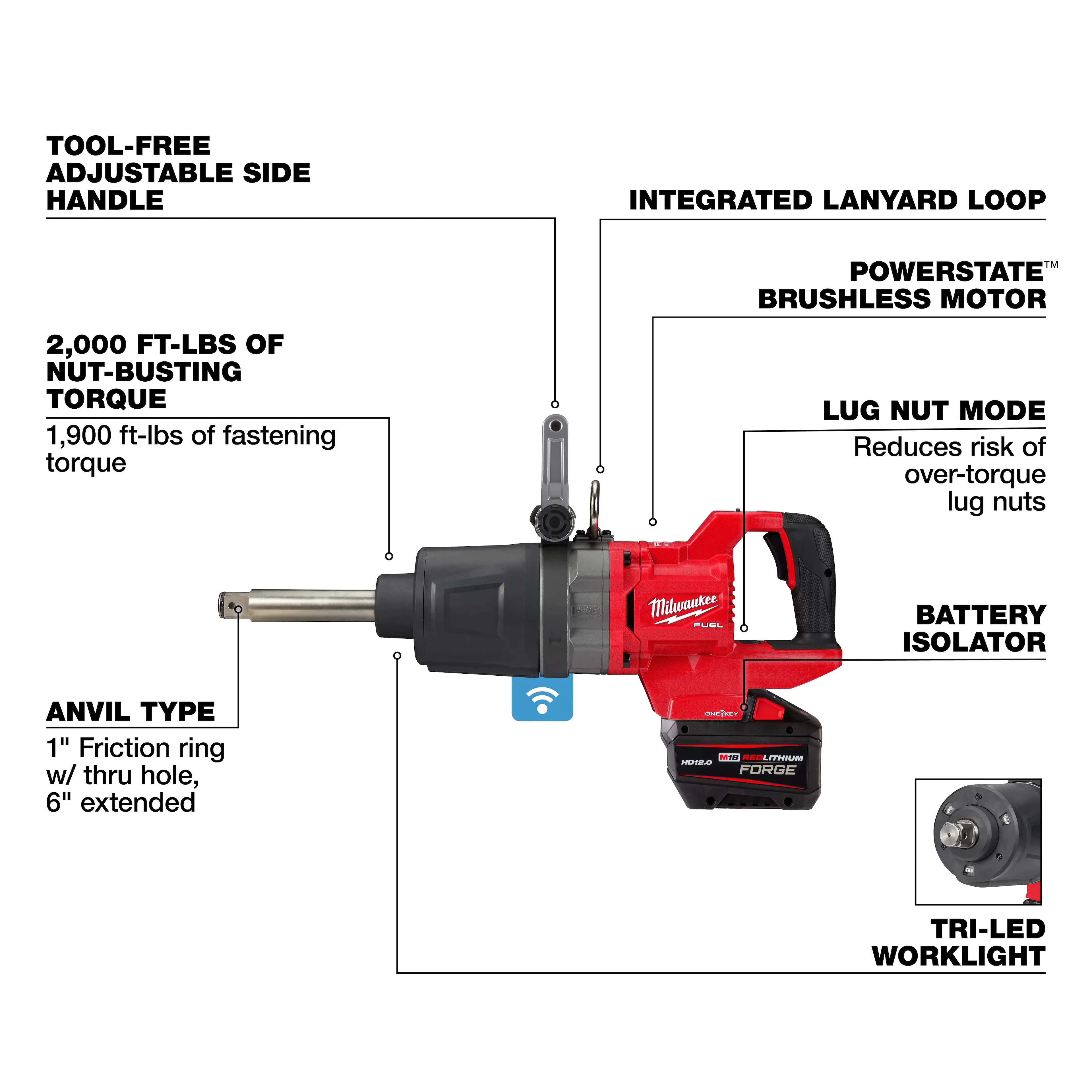 Milwaukee M18 1" Dr. Extended Anvil Cordless Impact Wrench - Image 2
