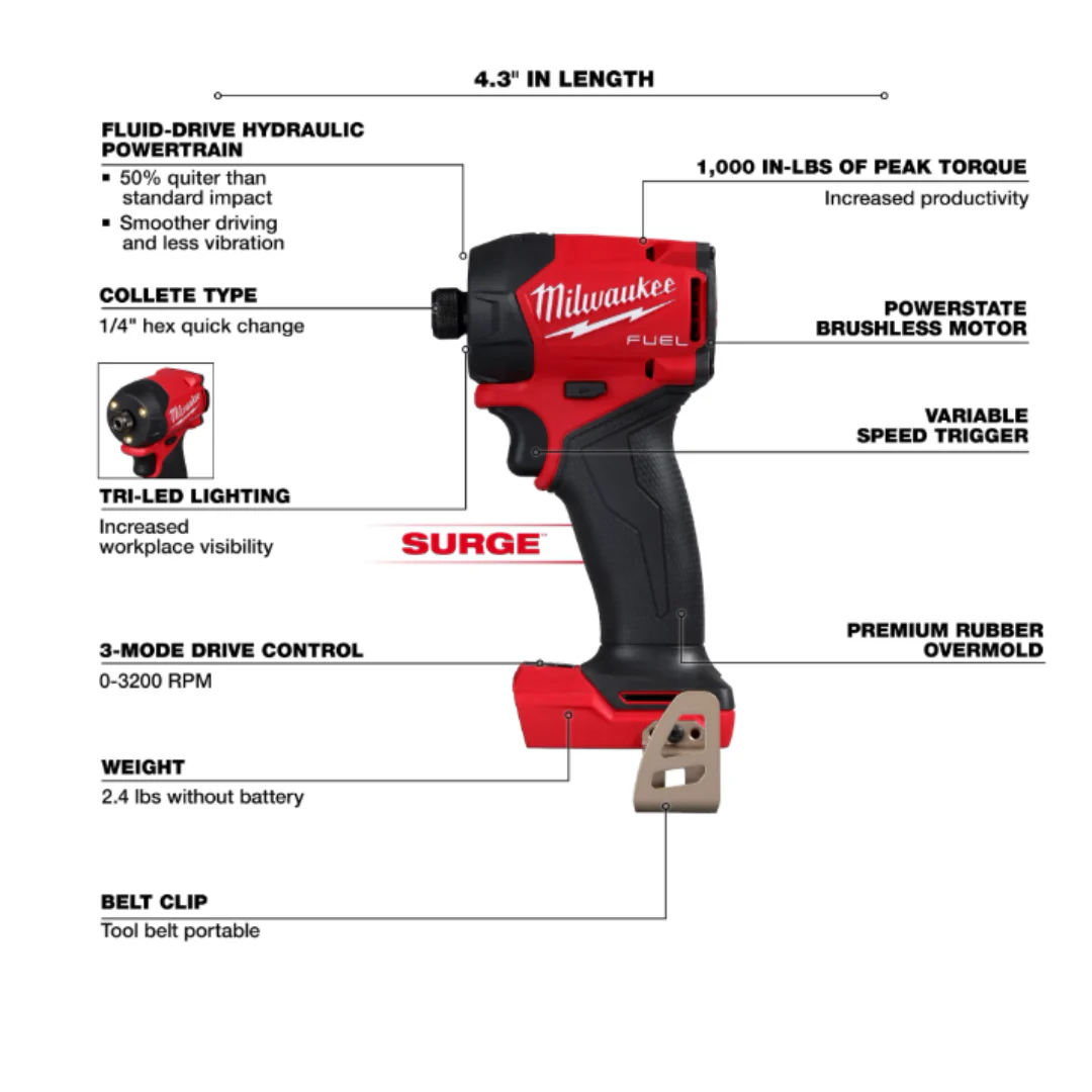 Milwaukee M18 FUEL™ SURGE™ 1/4" Hex Hydraulic Driver with FREE XC5.0 Battery Pack - Image 2