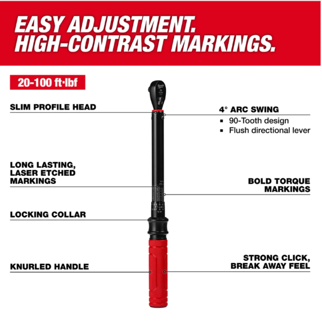 Milwaukee Tools 3/8” Drive Click Torque Wrench (20-100 ft·lbf) - Image 3