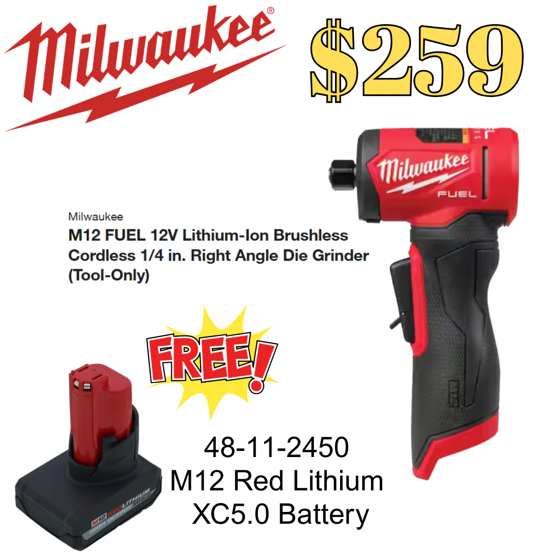 Milwaukee Tools M12 FUEL 12V Lithium-Ion Brushless Cordless 1/4 in. Right Angle Die Grinder with FREE XC5.0 battery!