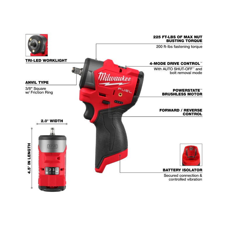 Milwaukee Tools M12 FUEL™ 3/8" Subcompact Impact Wrench w/ Friction Ring - Image 3